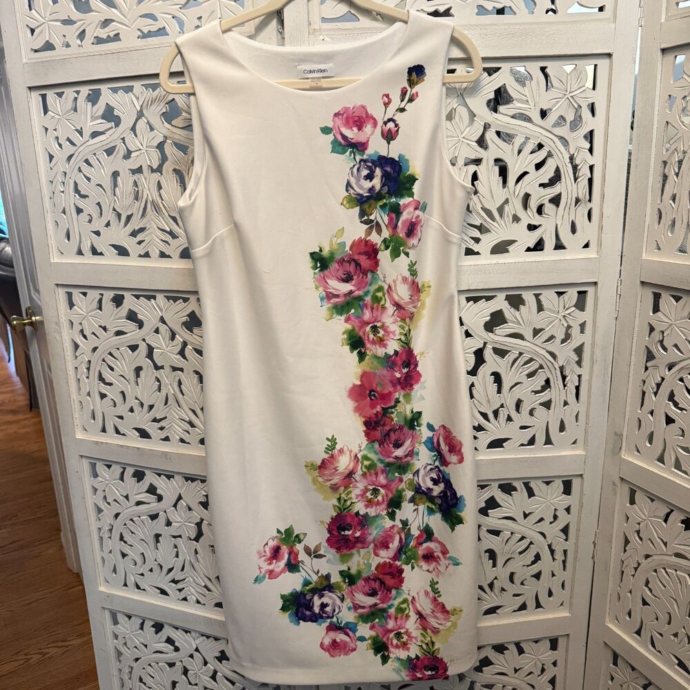 Calvin Klein Sleeveless White Floral Sheath Dress Size 12